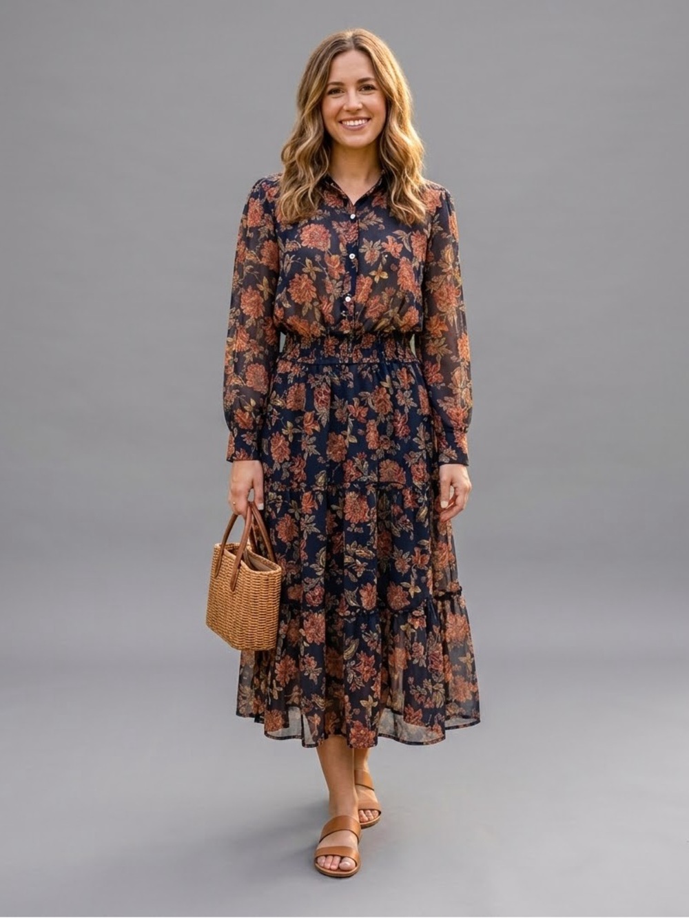 Floral Button-Front Tiered Midi Dress - Navy Blue with Rose Print - Size 6